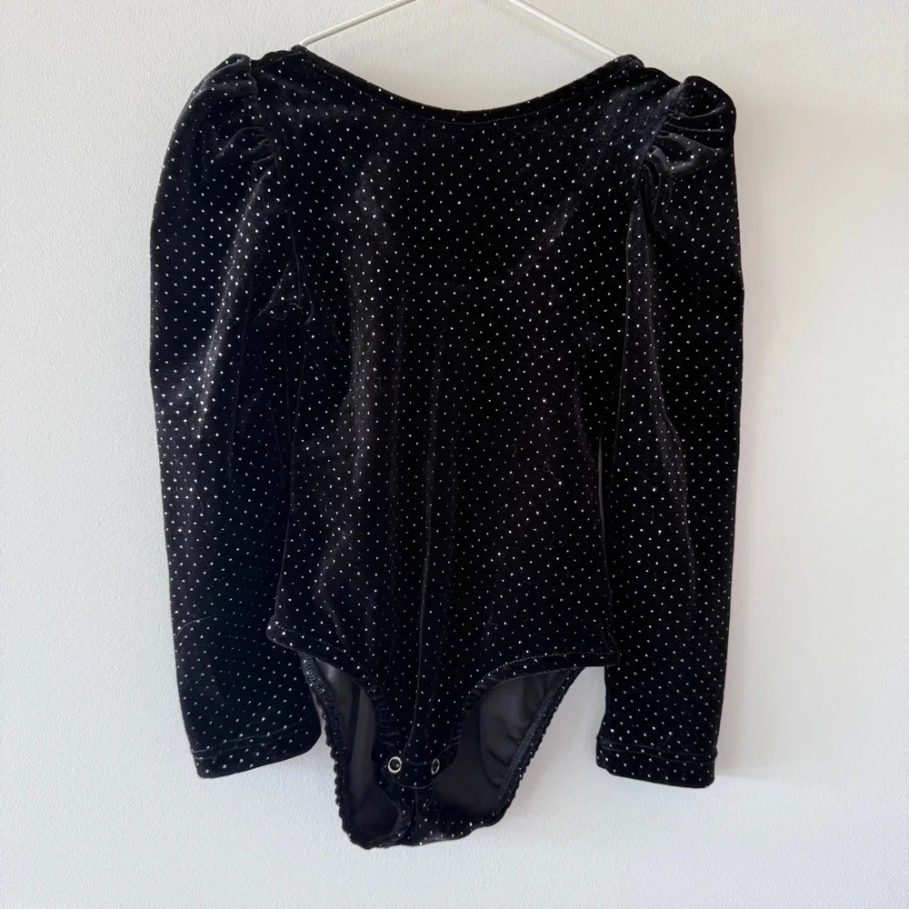 Zara Girls Black Velvet Sparkle Puff Sleeve Bodysuit | Size 6 Holiday Party